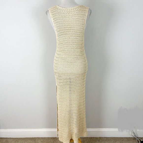 Women's Ivory Crochet Maxi Dress Open Knit Swim Cover Up Beach Size Large - Picture 4 of 5